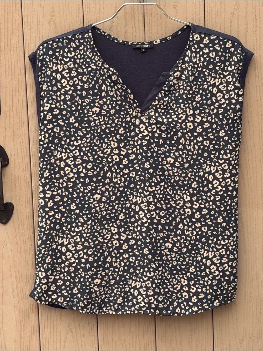 Papermoon Navy and Cream Leopard Split-Neck Cap Sleeve Top